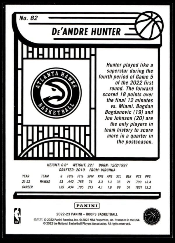 _10 2022 Hoops Atlanta Hawks #82 De'Andre Hunter Purple