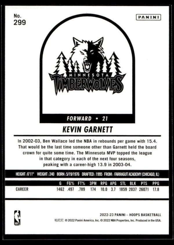 2022 NBA Hoops Minnesota Timberwolves #299 Kevin Garnett Tribute