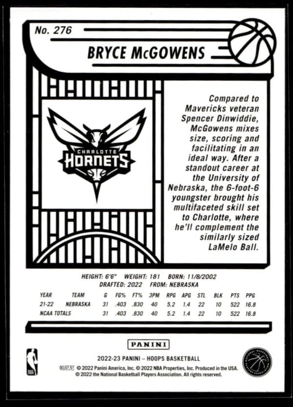 2022 NBA Hoops Charlotte Hornets #276 Bryce McGowens RC Rookie