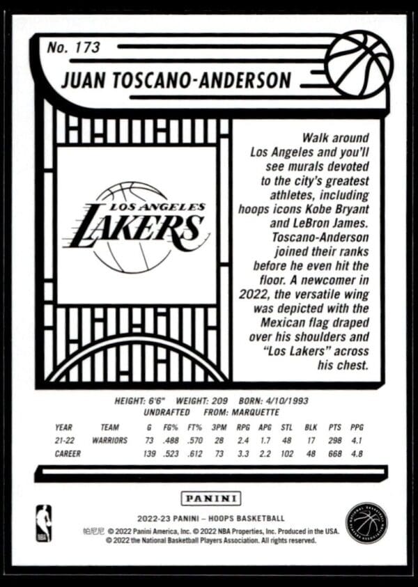 2022 NBA Hoops Los Angeles Lakers #173 Juan Toscano-Anderson