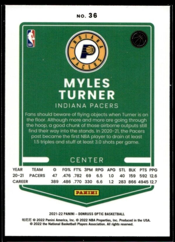 _10 2021 Donruss Optic Indiana Pacers #36 Myles Turner