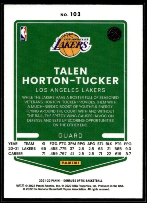 2021 Donruss Optic Los Angeles Lakers #103 Talen Horton-Tucker