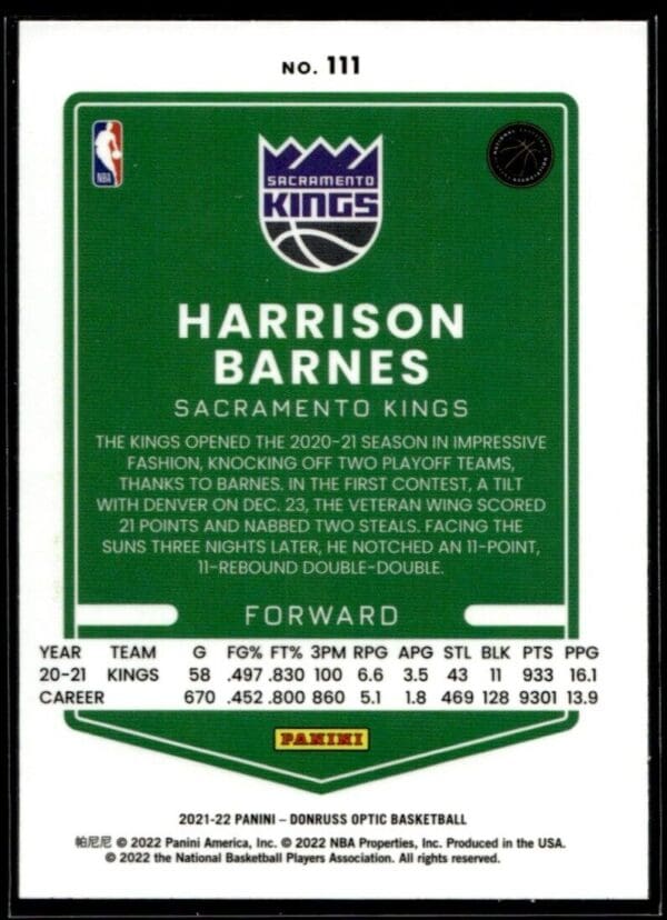 _10 2021 Donruss Optic Sacramento Kings #111 Harrison Barnes