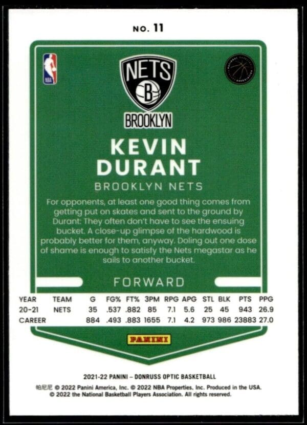 _10 2021 Donruss Optic Golden State Warriors #11 Kevin Durant