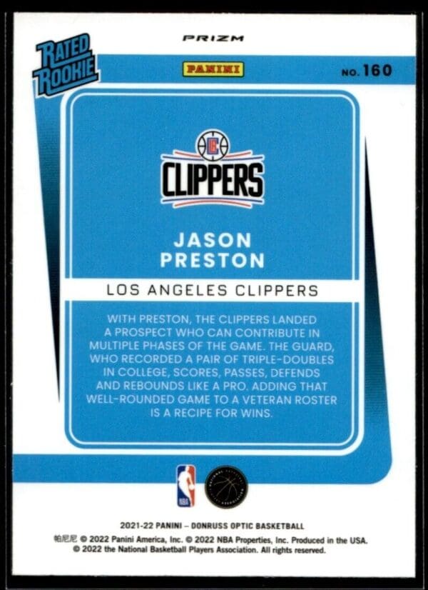 _10 2021 Donruss Optic Los Angeles Clippers #150 Jason Preston RC Rookie Holo