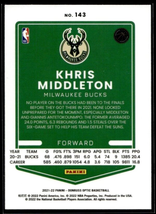 2021 Donruss Optic Milwaukee Bucks #143 Khris Middleton