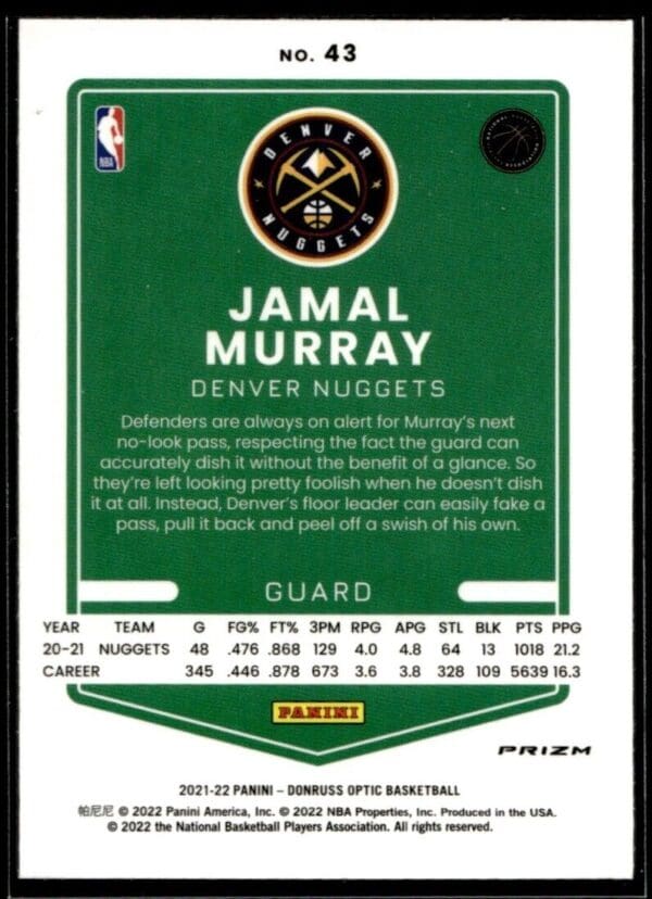 2021 Donruss Optic Denver Nuggets #43 Jamal Murray Holo