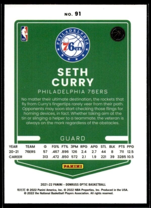 2021 Donruss Optic Philadelphia 76ers #91 Seth Curry