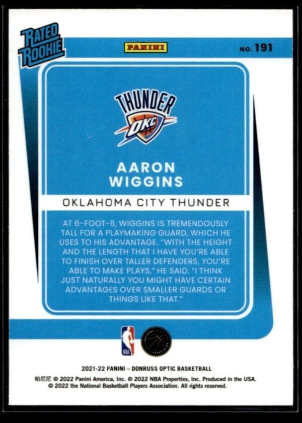 2021 Donruss Optic Oklahoma City Thunder #191 Aaron Wiggins RC Rookie