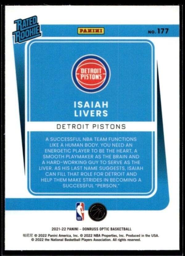 _10 2021 Donruss Optic Detroit Pistons #227 Isaiah Livers RC Rookie