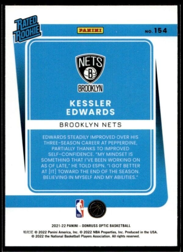 2021 Donruss Optic Brooklyn Nets #204 Kessler Edwards RC Rookie