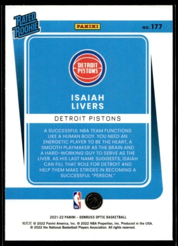 2021 Donruss Optic Detroit Pistons #227 Isaiah Livers RC Rookie