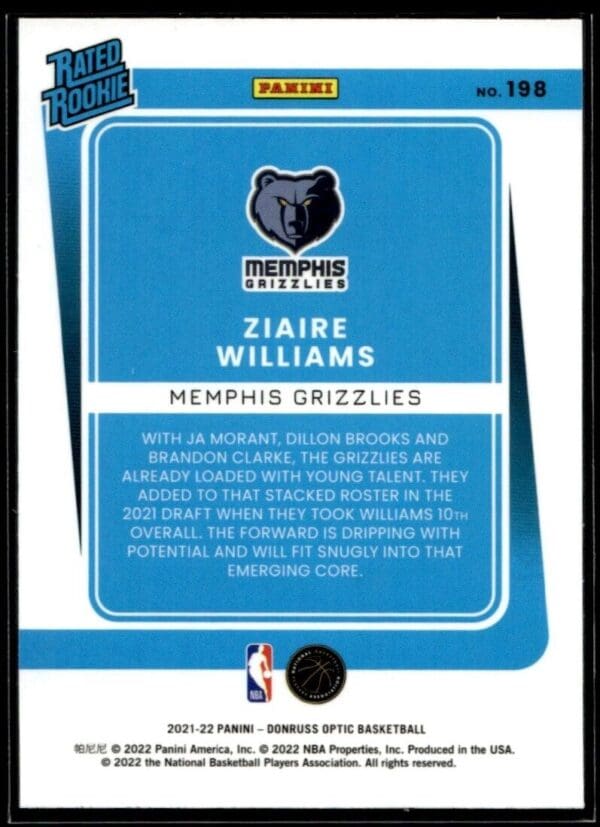 2021 Donruss Optic Memphis Grizzlies #248 Ziaire Williams RC Rookie