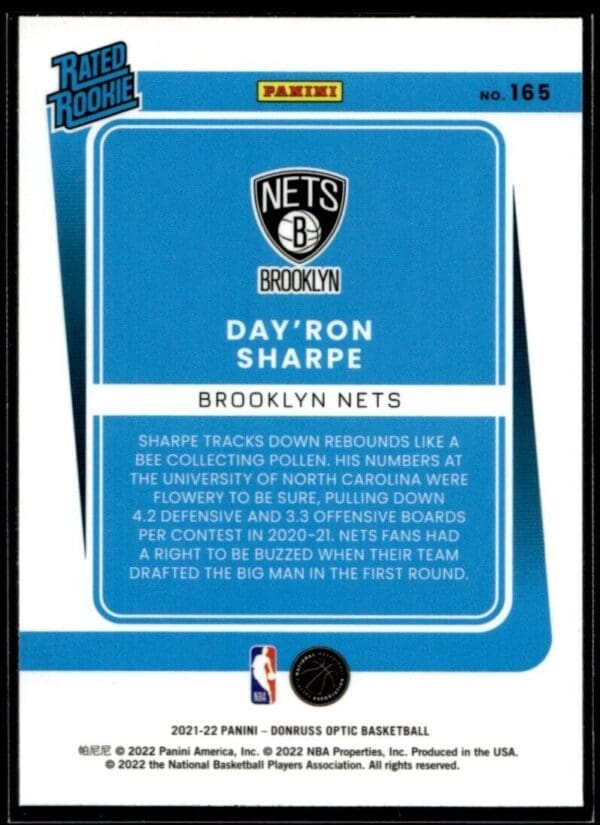 _10 2021 Donruss Optic Brooklyn Nets #215 Day'Ron Sharpe RC Rookie