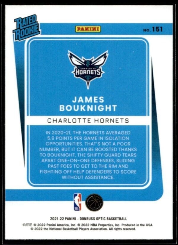 2021 Donruss Optic Charlotte Hornets #201 James Bouknight RC Rookie