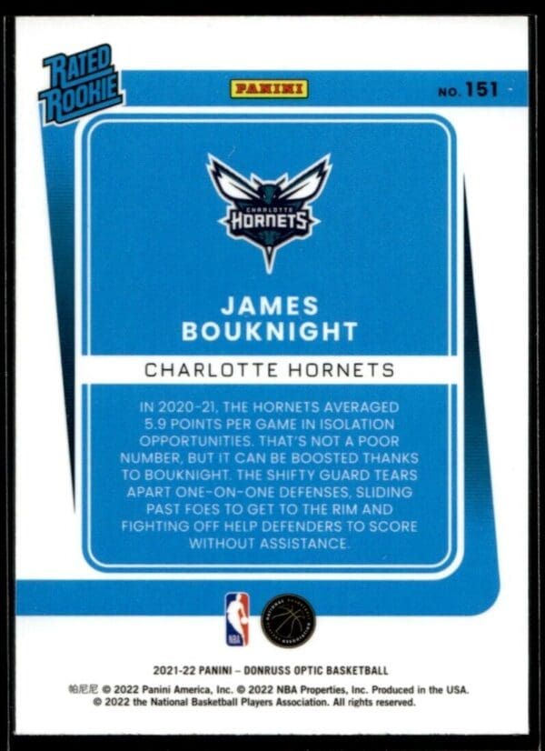 2021 Donruss Optic Charlotte Hornets #201 James Bouknight RC Rookie
