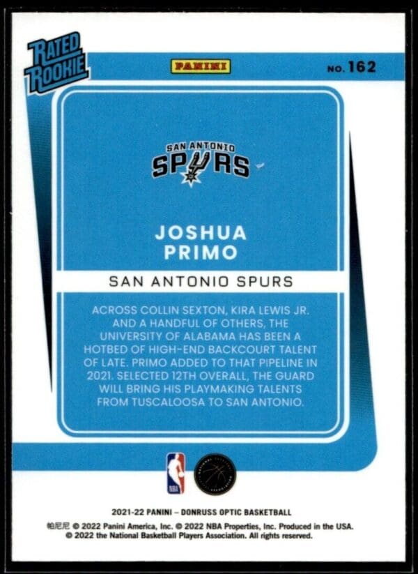 2021 Donruss Optic San Antonio Spurs #212 Joshua Primo RC Rookie