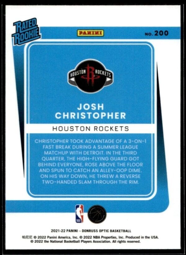 _10 2021 Donruss Optic Houston Rockets #250 Josh Christopher RC Rookie