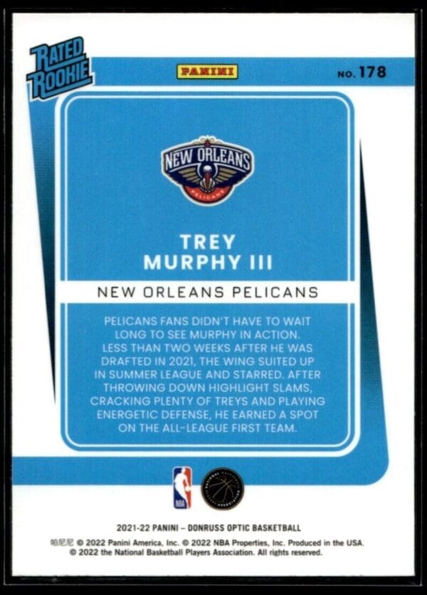 2021 Donruss Optic New Orleans Pelicans #228 Trey Murphy III RC Rookie