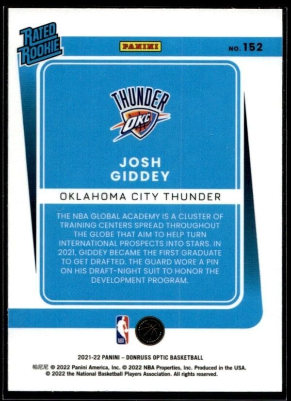 2021 Donruss Optic Oklahoma City Thunder #202 Josh Giddey RC Rookie