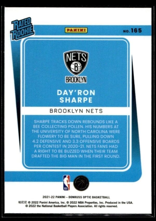 2021 Donruss Optic Brooklyn Nets #215 Day'Ron Sharpe RC Rookie