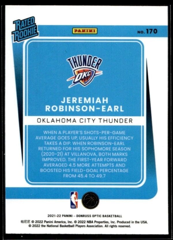 2021 Donruss Optic Oklahoma City Thunder #220 Jeremiah Robinson-Earl RC Rookie