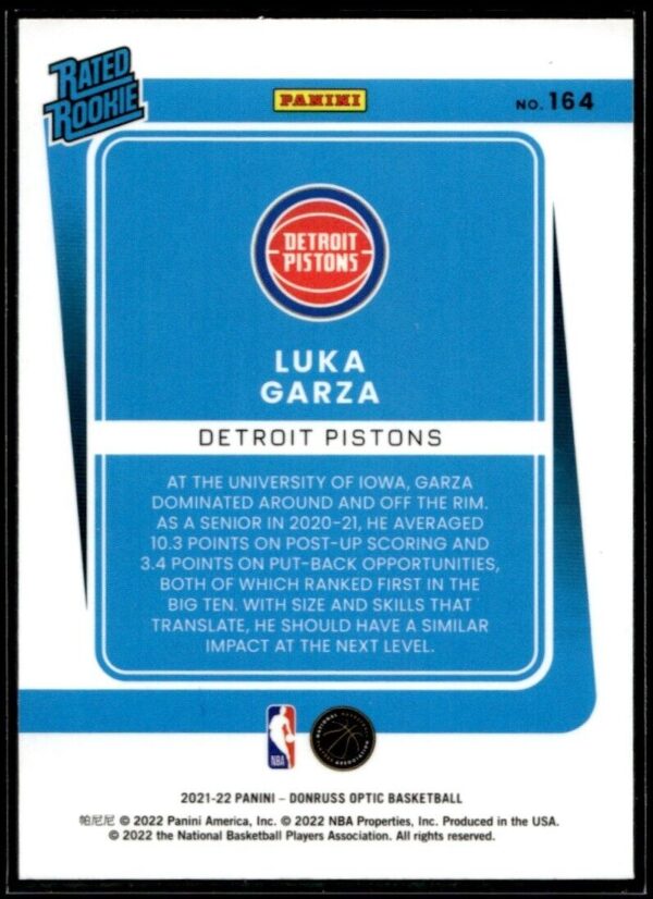 2021 Donruss Optic Detroit Pistons #214 Luka Garza RC Rookie