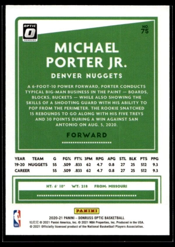2020 Donruss Optic Denver Nuggets #75 Michael Porter Jr.