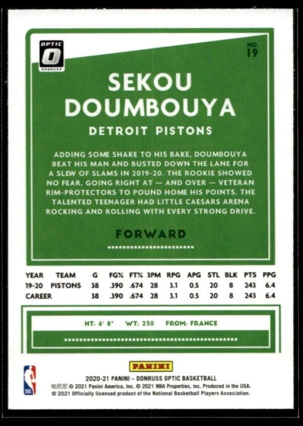 2020 Donruss Optic Detroit Pistons #19 Sekou Doumbouya