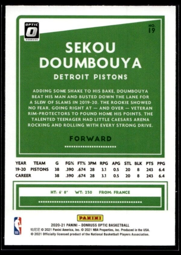 2020 Donruss Optic Detroit Pistons #19 Sekou Doumbouya