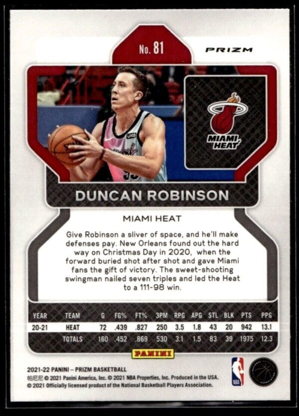2021 Panini Prizm Purple Wave Miami Heat #81 Duncan Robinson
