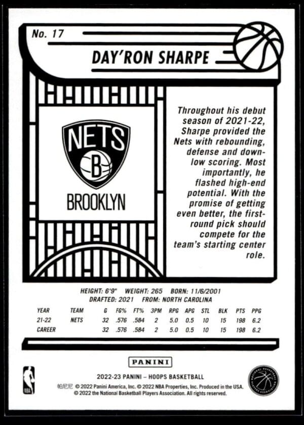 2022 NBA Hoops Brooklyn Nets #17 Day'Ron Sharpe