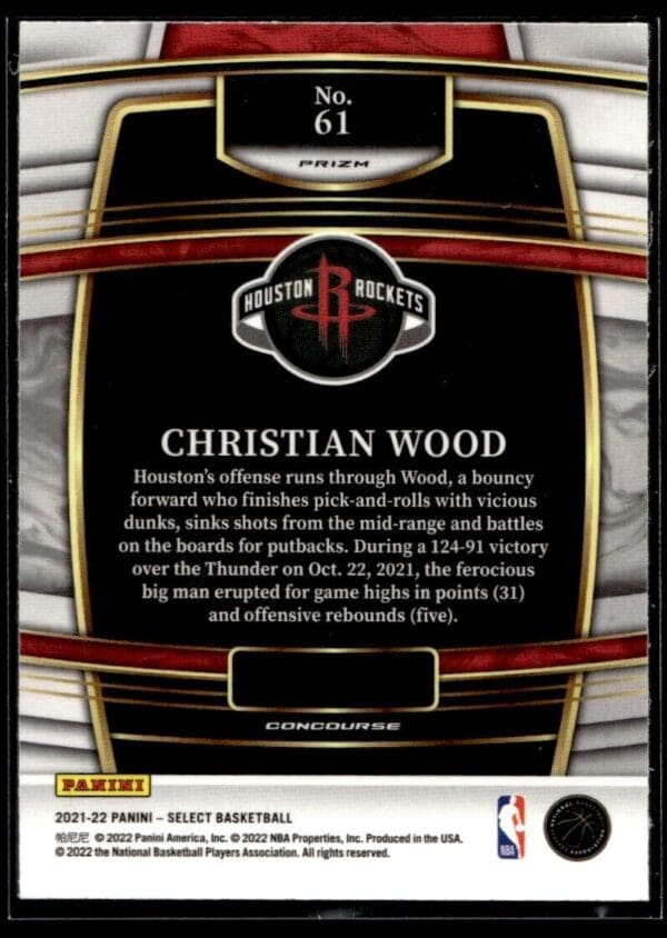 2021 Panini Select Houston Rockets #61 Christian Wood Tri-Color