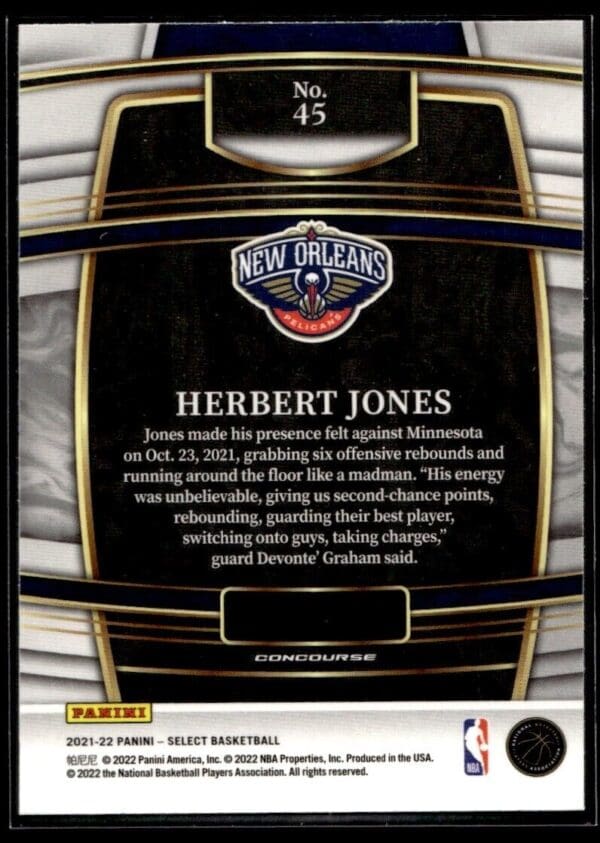 _10 2021 Panini Select New Orleans Pelicans #45 Herbert Jones RC Rookie Concourse