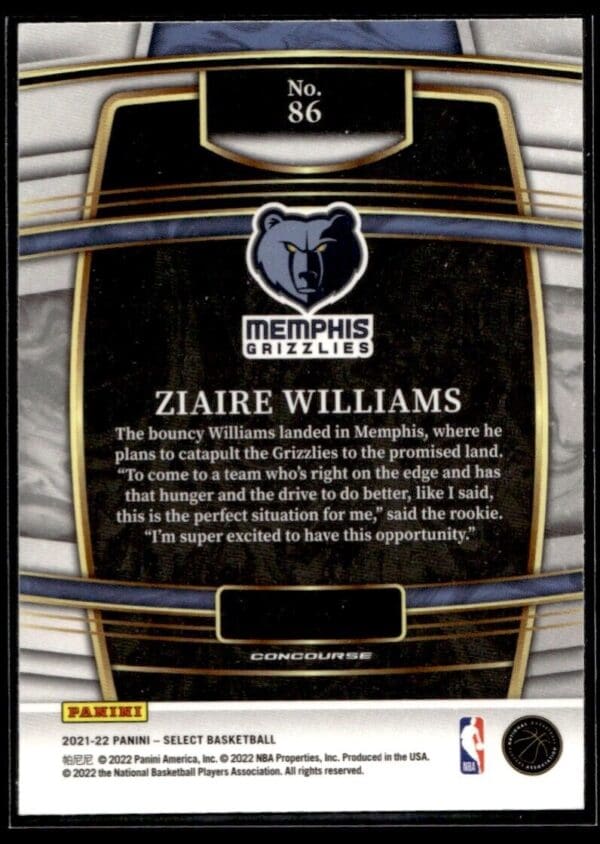 2021 Panini Select Memphis Grizzlies #86 Ziaire Williams RC Rookie Concourse