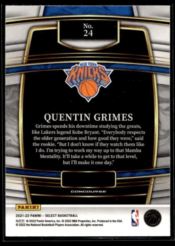 2021 Panini Select New York Knicks #24 Quentin Grimes RC Rookie Concourse