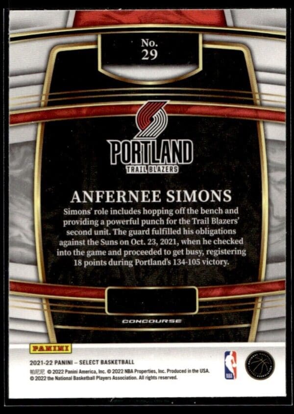 2021 Panini Select Portland Trail Blazers #29 Anfernee Simons
