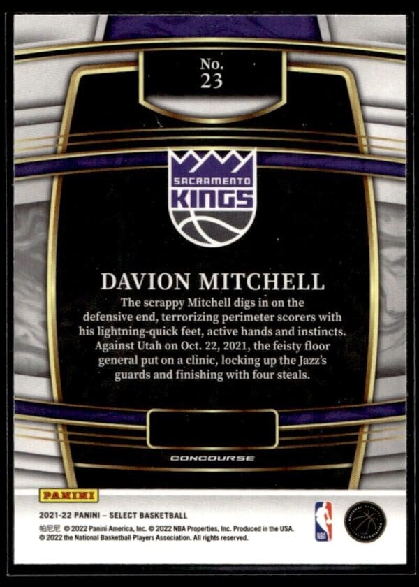 _10 2021 Panini Select Sacramento Kings #23 Davion Mitchell Concourse