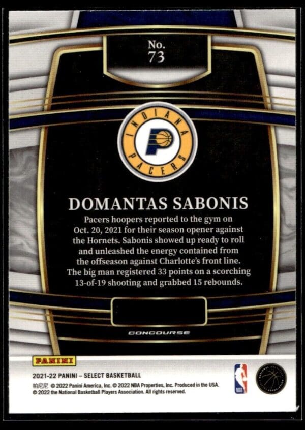_10 2021 Panini Select Indiana Pacers #73 Domantas Sabonis