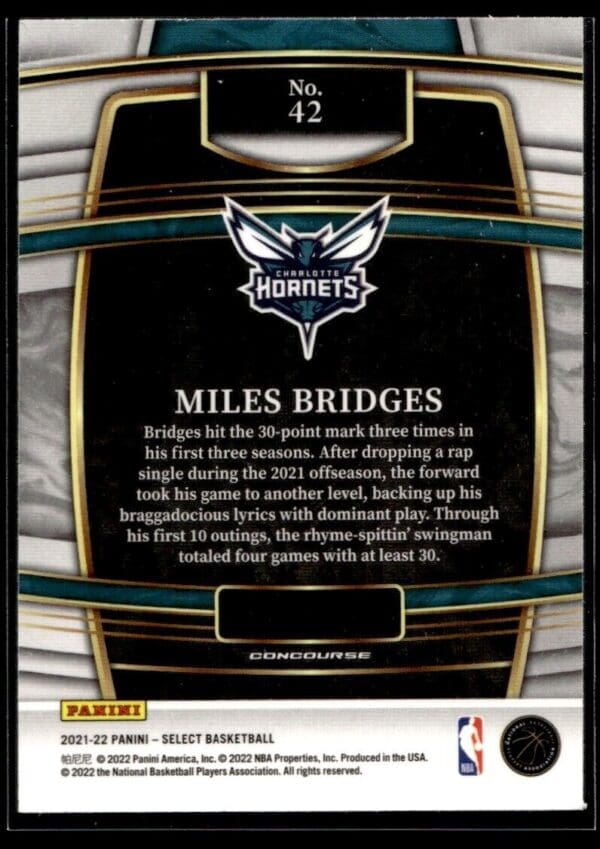 2021 Panini Select Charlotte Hornets #42 Miles Bridges