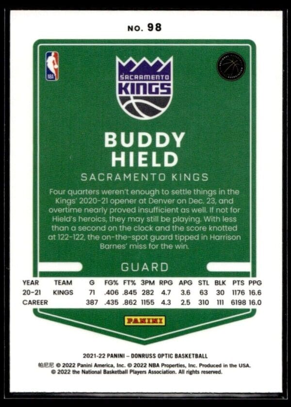 2021 Donruss Optic Sacramento Kings #98 Buddy Hield