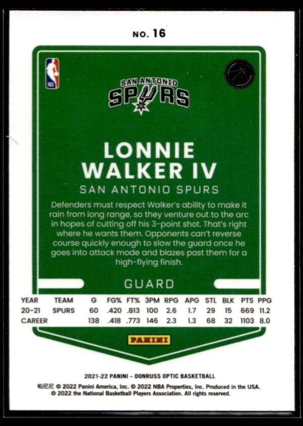 2021 Donruss Optic San Antonio Spurs #16 Lonnie Walker IV