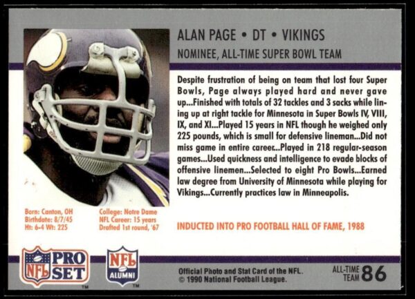 1990 Pro Set Super Bowl 160 Minnesota Vikings #86 Alan Page