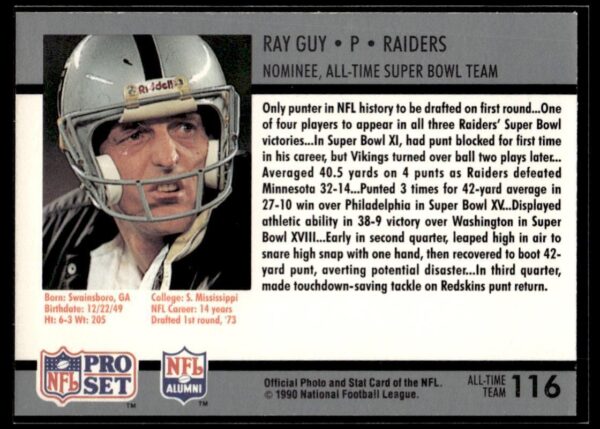 1990 Pro Set Super Bowl 160 Oakland Raiders/Los Angeles Raiders #116 Ray Guy