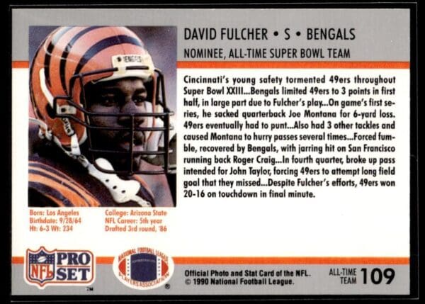 1990 Pro Set Super Bowl 160 Cincinnati Bengals #109 David Fulcher