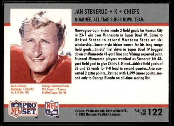 _10 1990 Pro Set Super Bowl 160 Kansas City Chiefs #122 Jan Stenerud