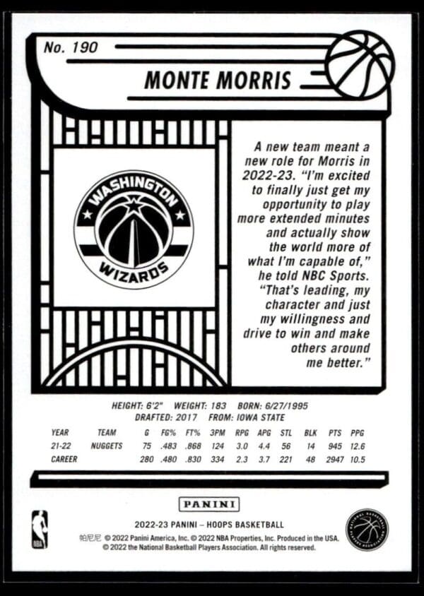2022 NBA Hoops Washington Wizards #190 Monte Morris