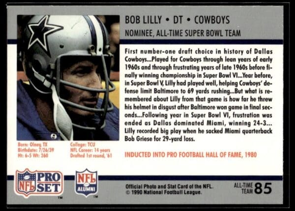 1990 Pro Set Super Bowl 160 Dallas Cowboys #85 Bob Lilly