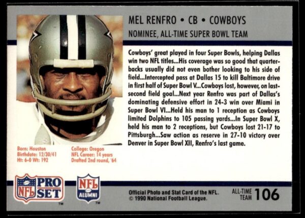 1990 Pro Set Super Bowl 160 Dallas Cowboys #106 Mel Renfro