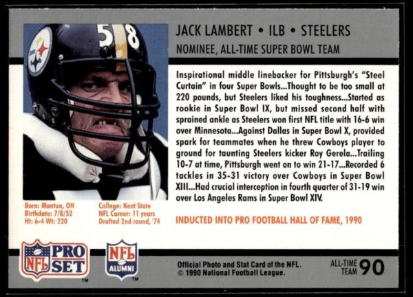 1990 Pro Set Super Bowl 160 Pittsburgh Steelers #90 Jack Lambert